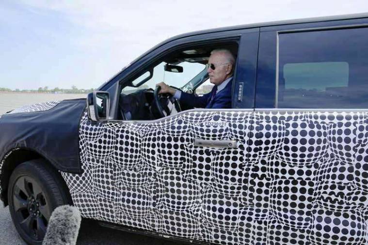 US President Joe Biden, test drives an electric Ford F-150 Lightning pickup