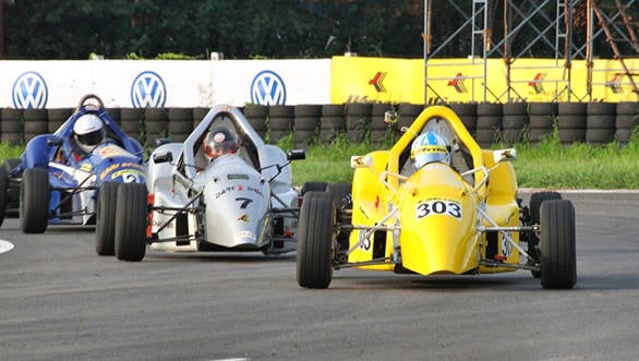 Drivers of the LGB Formula 4 Category in action on Day 1 in Round 4 of the 15th JK Tyre FMSCI National Racing Championship in Chennai