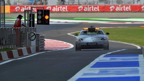 Safety car exits pit lane. Formula One World Championship, Rd16, Indian Grand Prix, Buddh International Circuit, Greater Noida, New Delhi, India, Preparations, Thursday 24 October 2013.