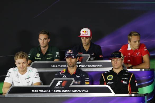 (L to R): Giedo van der Garde (NDL) Caterham F1, Daniel Ricciardo (AUS) Scuderia Toro Rosso, Max Chilton (GBR) Marussia F1 Team, Nico Rosberg (GER) Mercedes AMG F1, Mark Webber (AUS) Red Bull Racing and Kimi Raikkonen (FIN) Lotus F1 in the Press Conference. Formula One World Championship, Rd16, Indian Grand Prix, Buddh International Circuit, Greater Noida, New Delhi, India, Preparations, Thursday 24 October 2013.