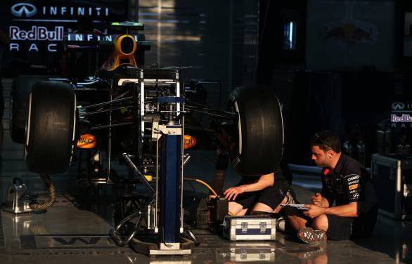  Red Bull Racing RB9 in the garage. Formula One World Championship, Rd16, Indian Grand Prix, Buddh International Circuit, Greater Noida, New Delhi, India, Preparations, Thursday 24 October 2013.