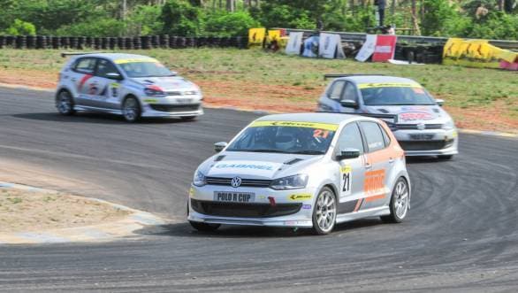Race 2 winner Bonnie Thomas leads the pack around the Kari Motor Speedway