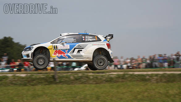 Sebastien Ogier and Julien Ingrassia airborne in the Volkswagen Polo WRC on the Goldap stage at Rally Poland