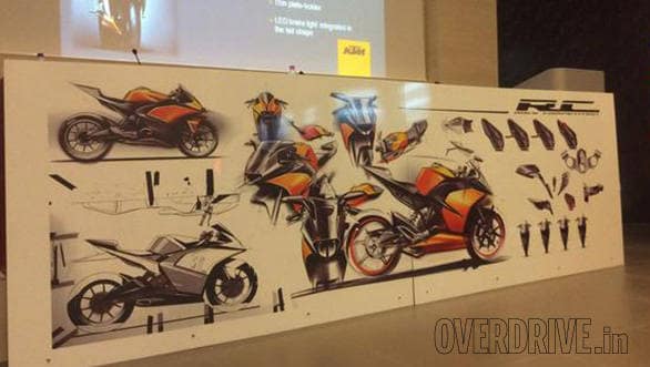 Sketches at the bottom right depict the sequence followed in the racebike to streetbike design evolution