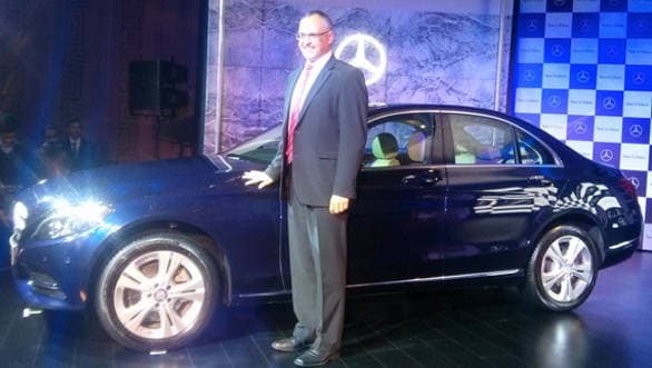 Mercedes Benz India CEO, Eberhard Kern, with the new W205 C-Class C200 during its launch in New Delhi