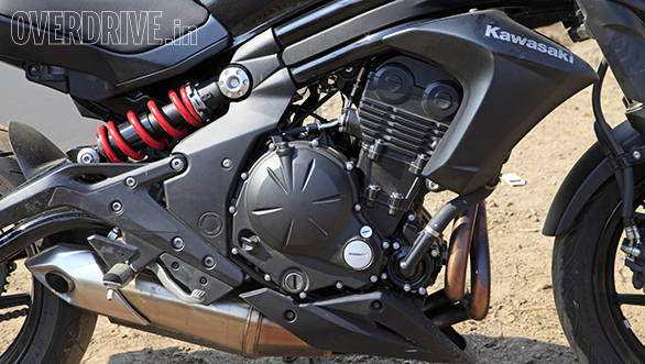 The 72PS 649cc parallel twin is a straight lift from the Ninja 650 and is enjoyably torquey