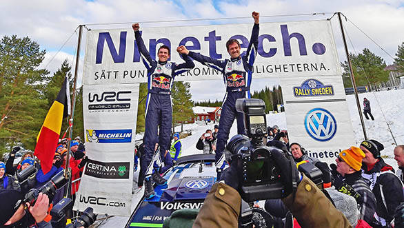 Winners Julien Ingrassia and Sebastien Ogier with the VW Polo R WRC Mk2