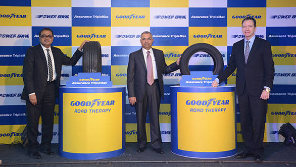 Goodyear launches Assurance TripleMax tyre in India L to R-Goodyear's PK Walia, Rajeev Anand and Mike Rytokoski launch Assur... (1)