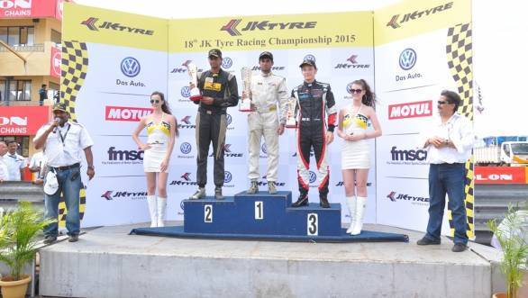 Winners of Race 3 of the JK FB02 series. 1. Akhil Rabindra, 2. Vishnu Prasad, 3. Constantino Peroni