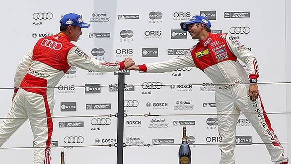 (L to R): Franky Cheng (CHN) FAW-VW Audi Racing Team and Aditya Patel (IND) Audi R8 LMS Cup Team celebrate on the podium at Audi R8 LMS Cup, Penbay International Circuit, Taiwan, 3-5 July 2015