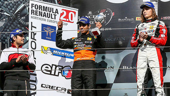 Jehan Daruvala (centre) on the podium after his second place finish