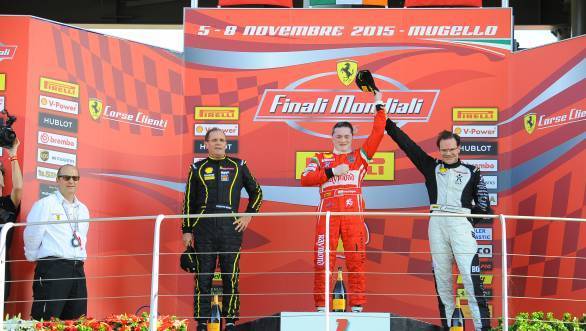 Gautam Singhania on the top step of the podium for Race 1 of the Ferrari Challenge round at Mugello