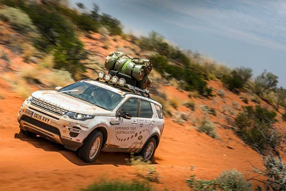 Note the tents or 'swags' strapped to the roof of the Land Rover Discovery Sport