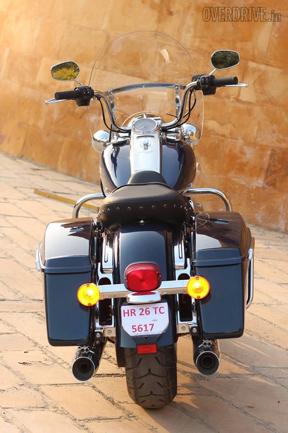 The rear of the Harley-Davidson Road King looks very cool rumbling down the highway with its swept back bags and studded seat. It's an extremely comfy highway motorcycle too