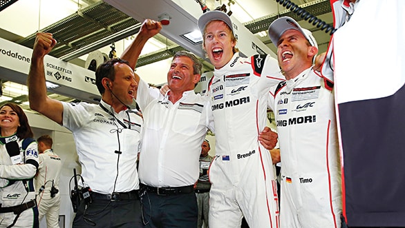 Alexander Hitzinger Technischer Direktor LMP1, Fritz Enzinger, Leiter LMP1, Porsche Team: Brendon Hartley, Porsche Team: Timo Bernhard (l-r)