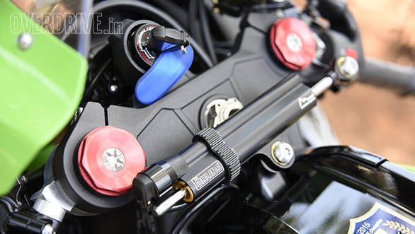 Electric Ohlins steering damper is soft at low revs and firms up as the speed increases