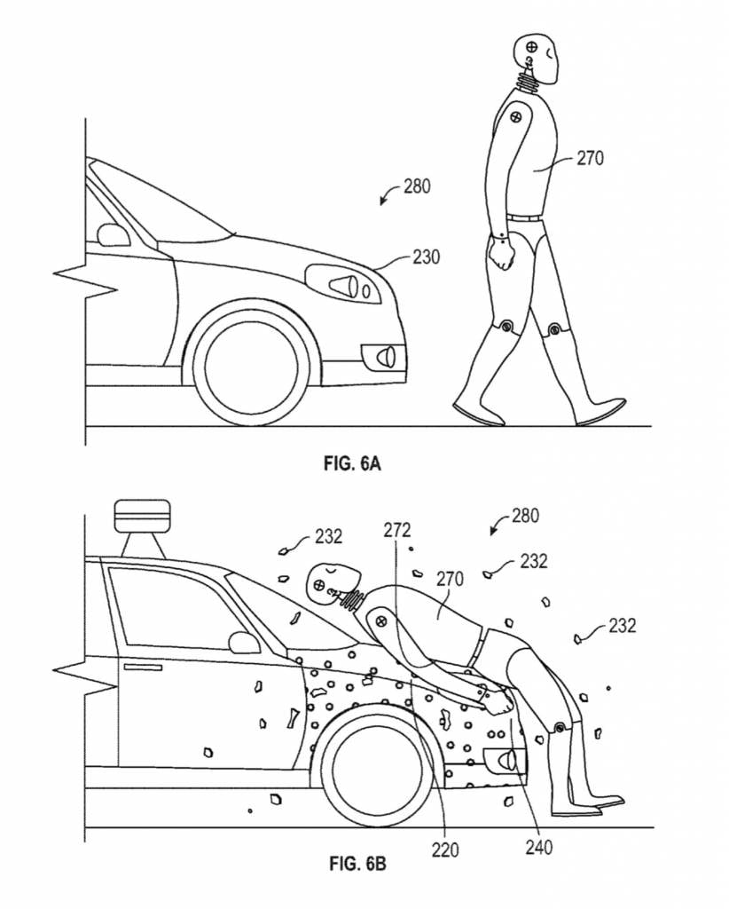 Google patents sticky layer technology to protect pedestrians in crash Google Sticky car full image