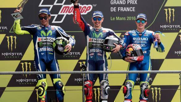 Valentino Rossi and Jorge Lorenzo celebrate their second and first place finishes for Yamaha, while Maverick Vinales celebrates his first ever premier class podium in MotoGP