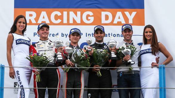 Lando Norris of Josef Kaufmann Racing, Dorian Boccolacci of Tech 1 Racing and Jehan Daruvala of Josef Kaufmann Racing on the podium at Assen