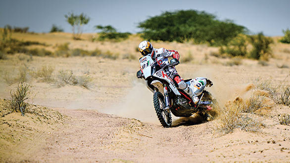 Joaquim Rodrigues won the Moto class on his Dakar-spec rally bike from Hero MotoSports Team Rally