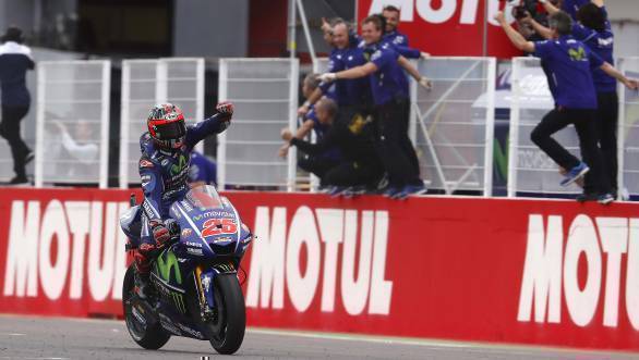 Maverick Vinales celebrates his second race win astride the Yamaha M1 as he crosses the finish line first at the Argentine GP