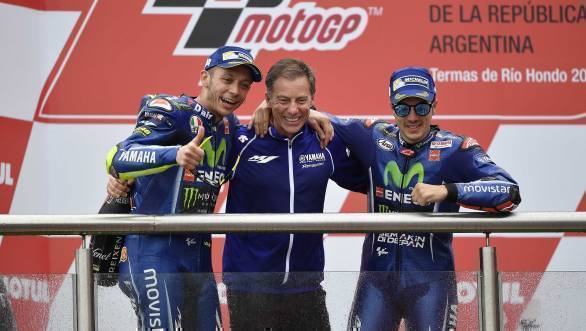 The Yamaha riders celebrate a 1-2 finish on the podium in Argentina