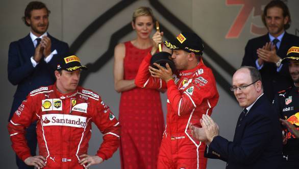 Sebastian Vettel celebrates his second win at the Monaco GP