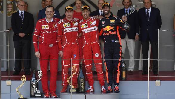 Raikkonen looks a little bothered by the fact that Vettel got the jump on him at Monaco. Or is that just Iceman Kimi as usual?
