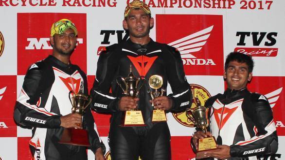 Hemanth Muddappa, winner in the Unrestricted class, flanked by second placed Rameez Khan (left) and Rizwan Khan